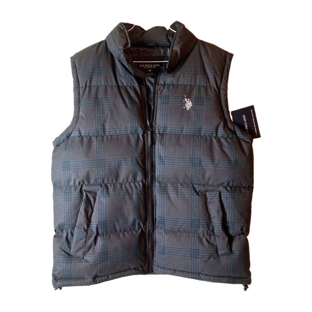 US Polo Assn. Puffer Vest Mens Size Medium Gray Plaid Sleeveless NOS